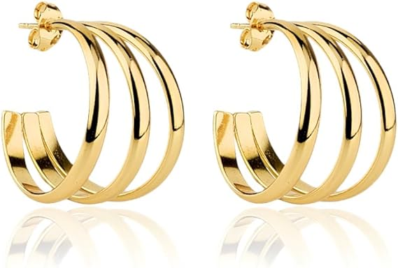 Triple-Band Polished Gold Hoop Earrings