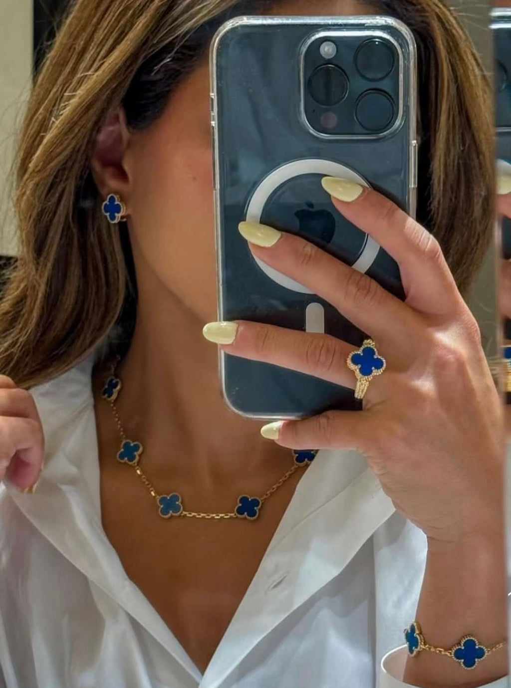 Blue Agate Clover Bracelet 18k Gold