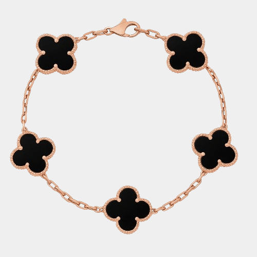 Clover Bracelet Lucky Clover Onyx Gemstone Four Leaf Flower 18k Rose Gold Charm Bracelet
