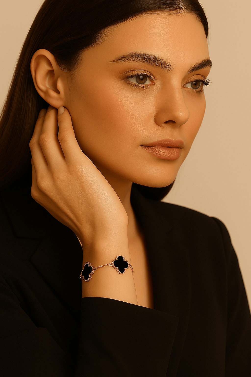 Clover Bracelet Lucky Clover Onyx Gemstone Four Leaf Flower 18k Rose Gold Charm Bracelet