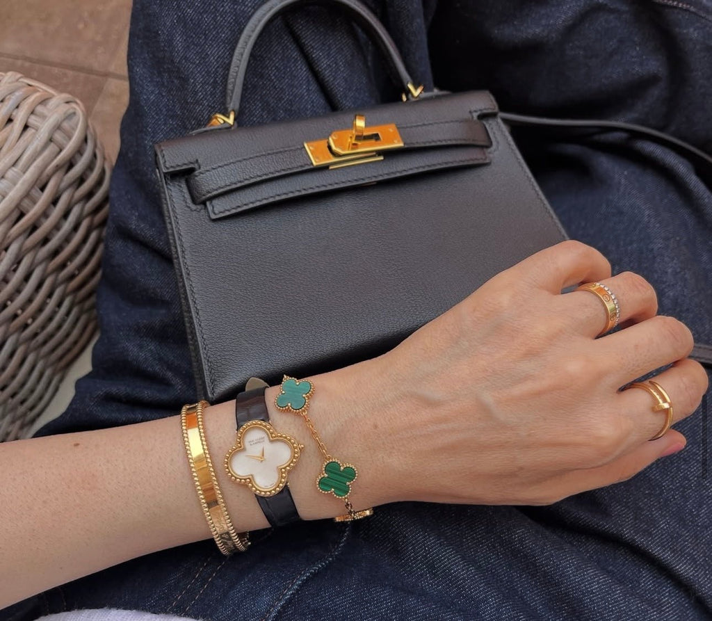 Clover Bracelet Malachite Gemstone Four Leaf Flower 18k Gold Charm