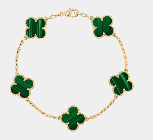 Clover Bracelet Malachite Gemstone Four Leaf Flower 18k Gold Charm