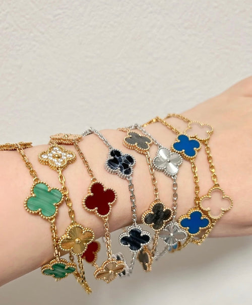 Clover Bracelet Malachite Gemstone Four Leaf Flower 18k Gold Charm