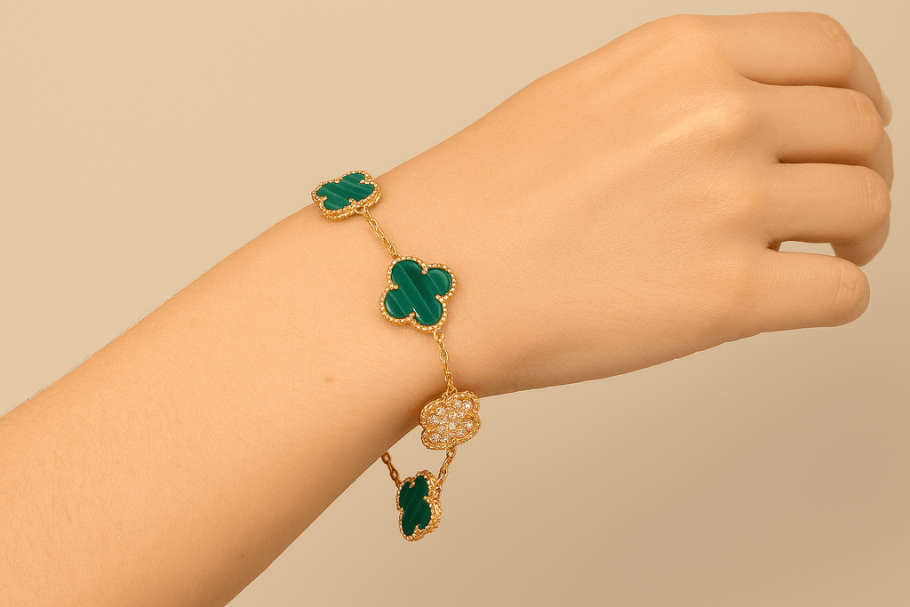 Clover Bracelet Malachite With Zircon Lucky Clover Four Leaf Flower 18k Gold Charm Bracelet