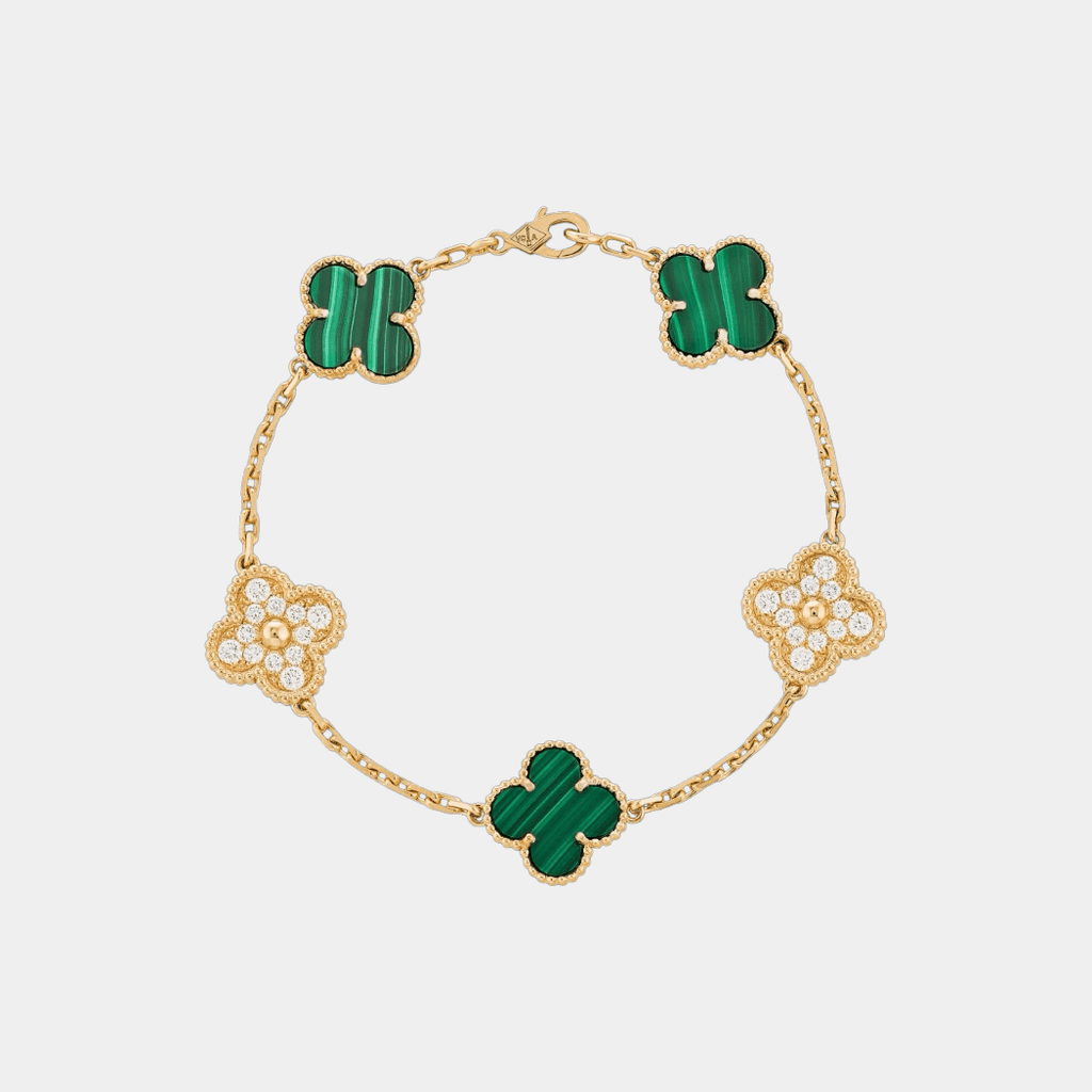 Clover Bracelet Malachite With Zircon Lucky Clover Four Leaf Flower 18k Gold Charm Bracelet