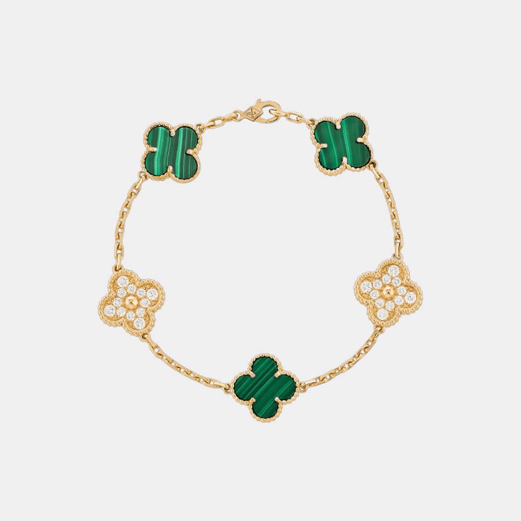 Clover Bracelet Malachite With Zircon Lucky Clover Four Leaf Flower 18k Gold Charm Bracelet