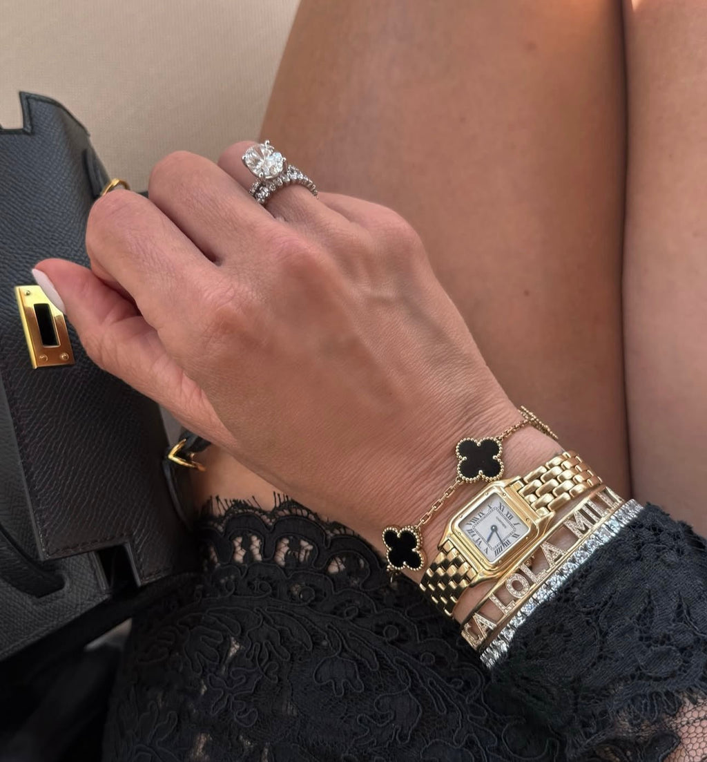 Clover Bracelet Onyx Gemstone Four Leaf Flower 18k Gold Charm Bracelet