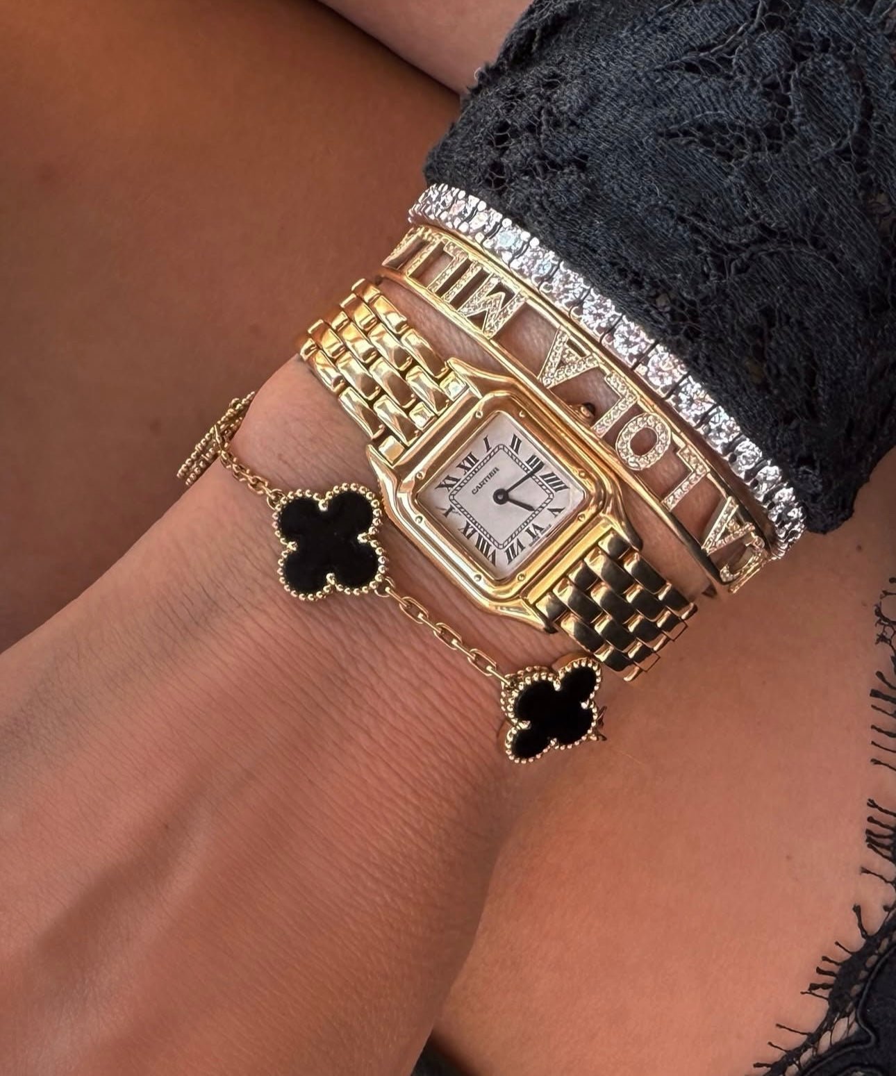 Clover Bracelet Onyx Gemstone Four Leaf Flower 18k Gold Charm Bracelet