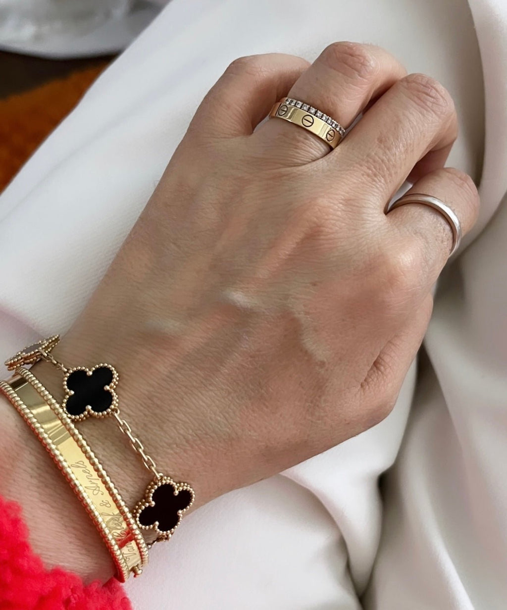 Clover Bracelet Onyx Gemstone Four Leaf Flower 18k Gold Charm Bracelet