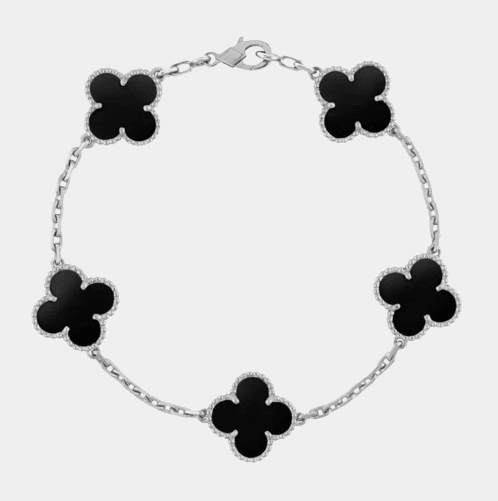 Clover Bracelet Onyx Gemstone Lucky Clover Four Leaf Flower Silver Charm Bracelet