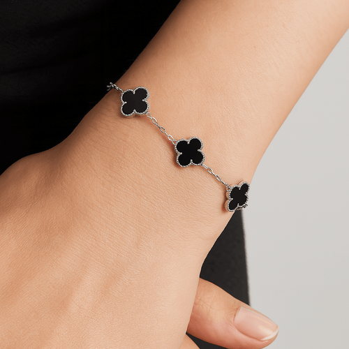Clover Bracelet Onyx Gemstone Lucky Clover Four Leaf Flower Silver Charm Bracelet