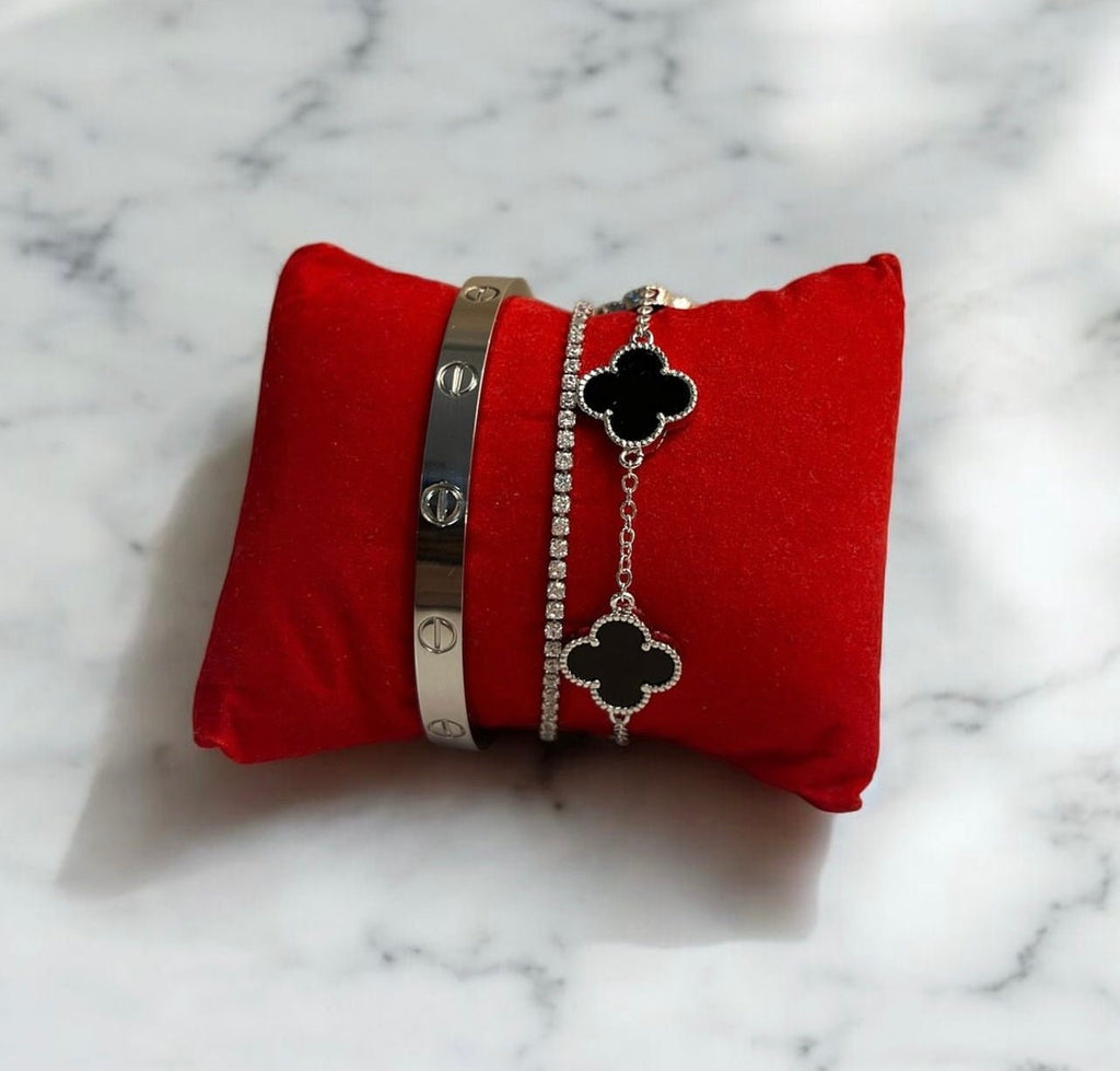 Clover Bracelet Onyx  With Zircon Lucky Clover Four Leaf Flower Silver Charm Bracelet