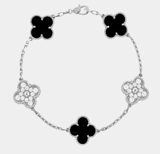 Clover Bracelet Onyx  With Zircon Lucky Clover Four Leaf Flower Silver Charm Bracelet