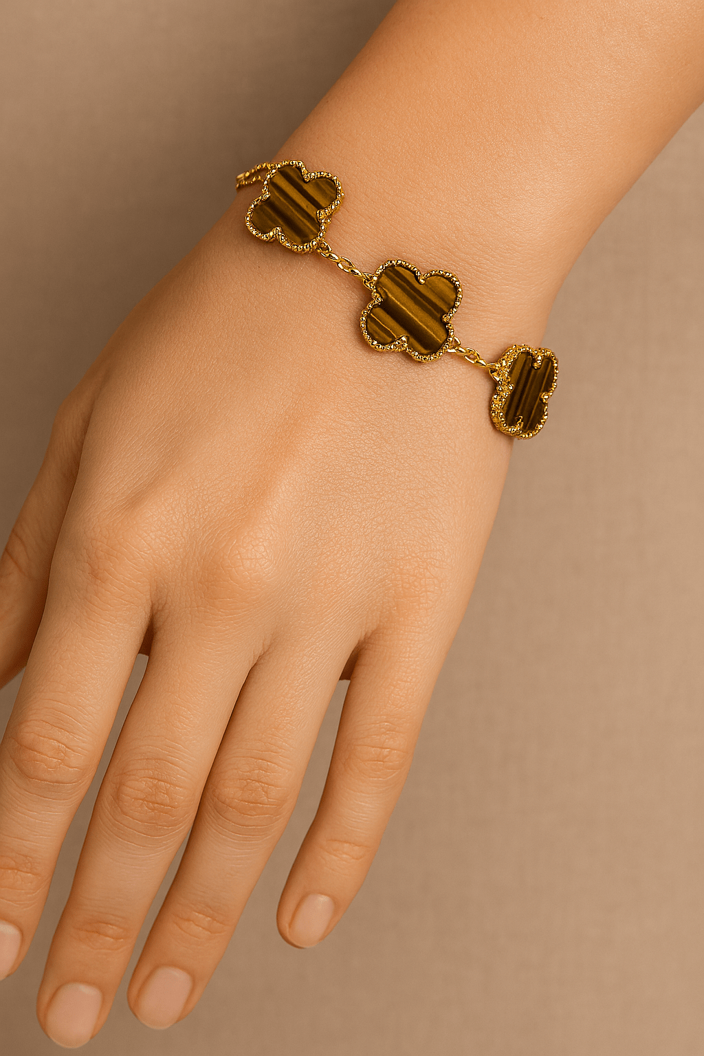 Clover Bracelet Tiger Eye Gemstone Four Leaf Flower 18k Gold Charm Bracelet