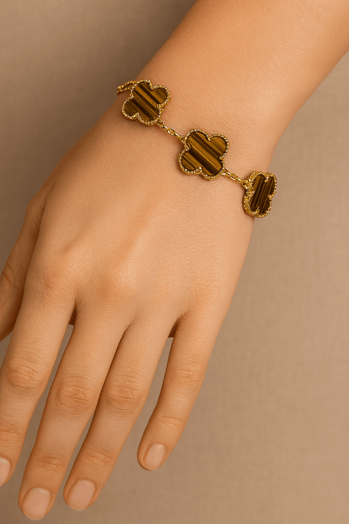 Clover Bracelet Tiger Eye Gemstone Four Leaf Flower 18k Gold Charm Bracelet