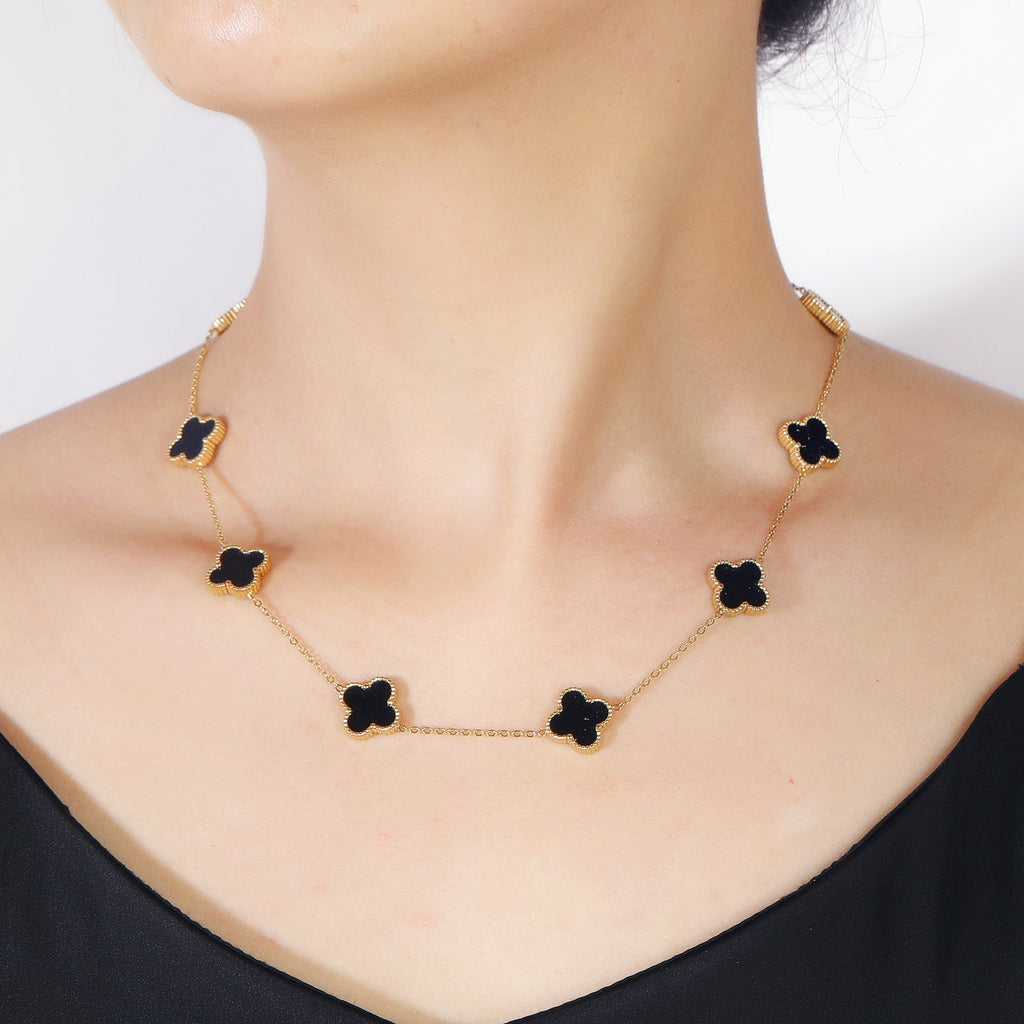 Clover Necklace 10 Motifs Black Onyx Stone 18k Gold Four Leaf Clover