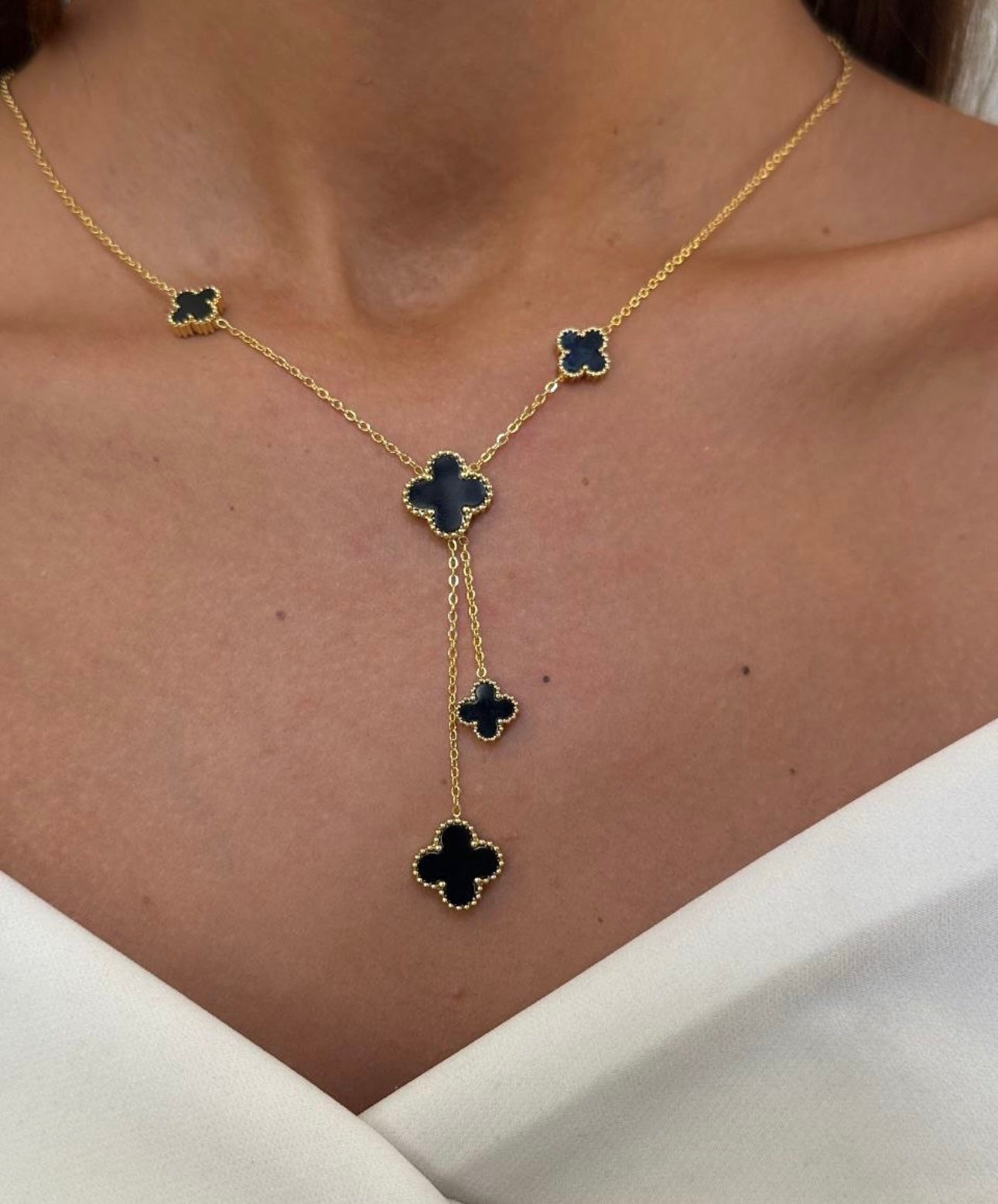 Clover Necklace 18k Gold Onyx Gemstone Pendant