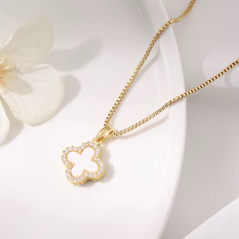 Clover Necklace 18k Gold With Zircon Trim Double Sided Four Leaf Clover Flower