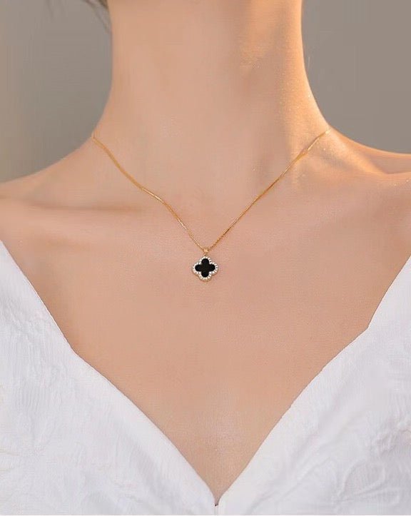 Clover Necklace 18k Gold With Zircon Trim Double Sided Four Leaf Clover Flower