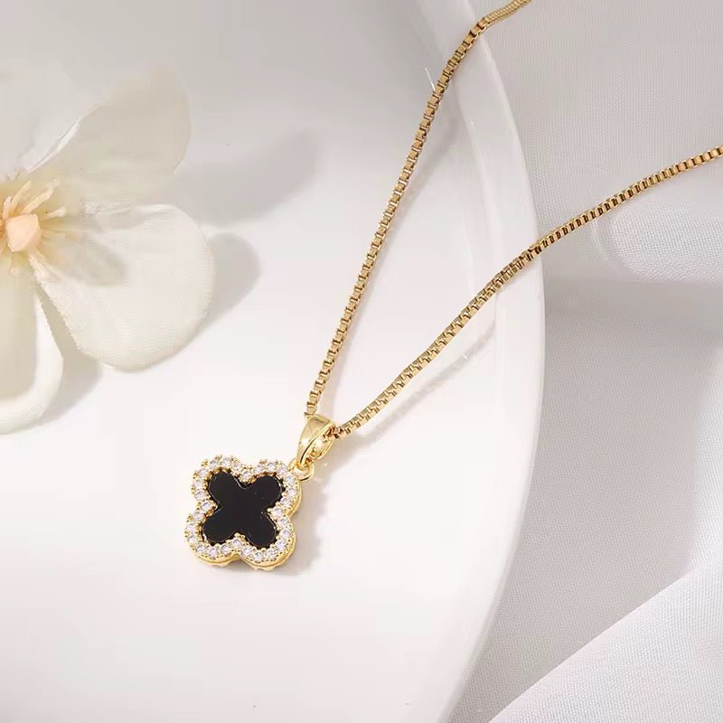 Clover Necklace 18k Gold With Zircon Trim Double Sided Four Leaf Clover Flower
