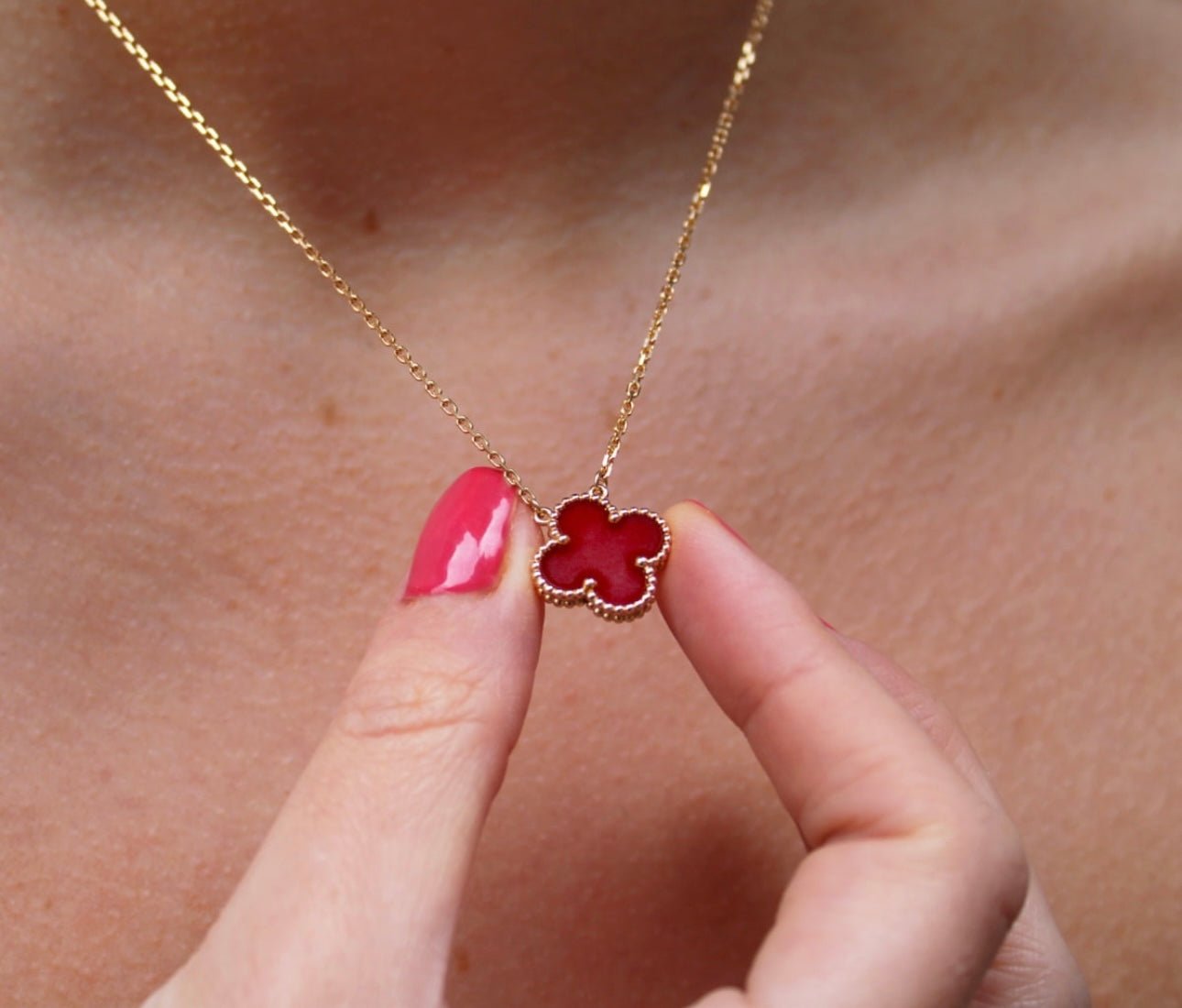 Clover Necklace Four Leaf Carnelian Red Stone 18k Gold Pendant Necklace