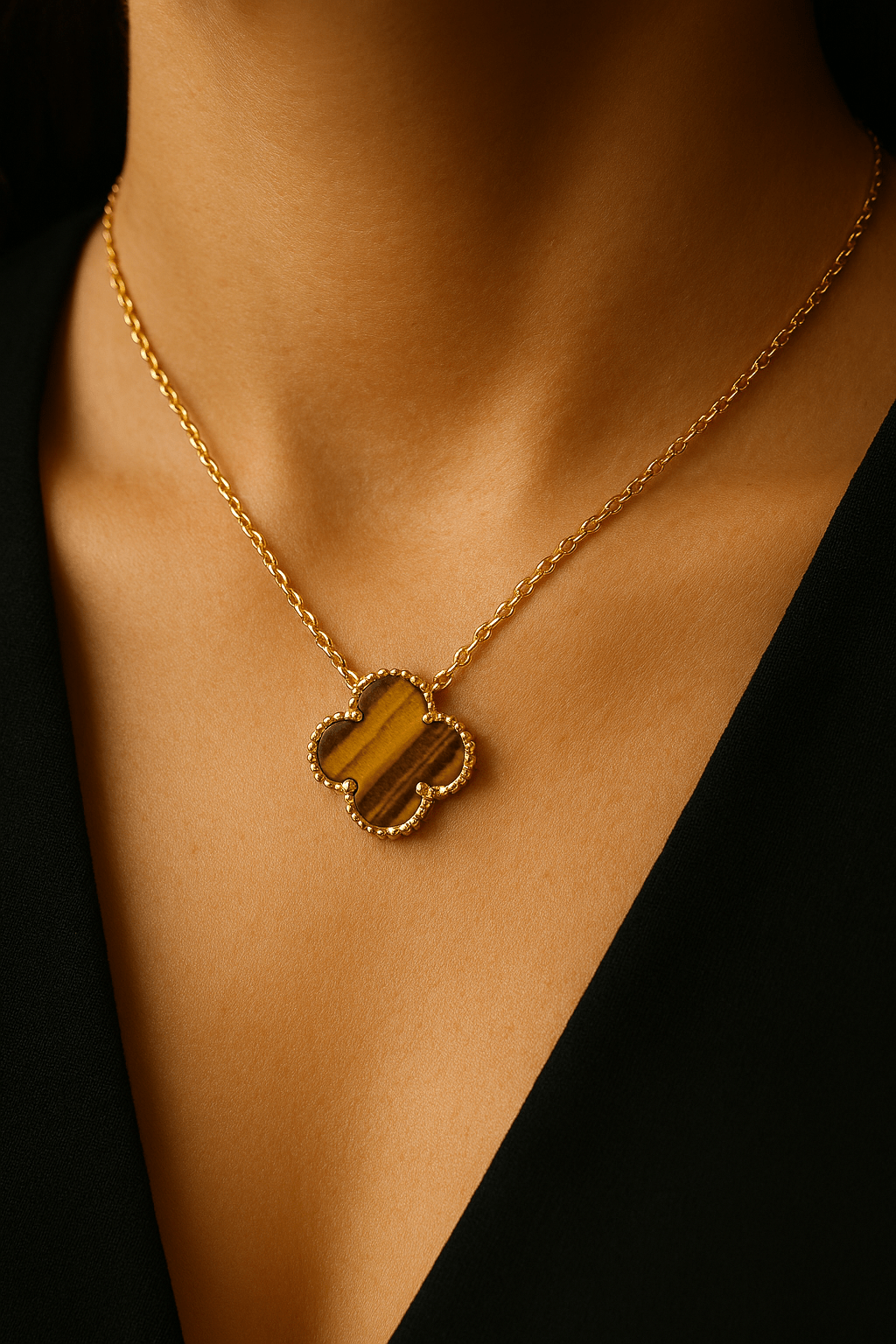 Clover Necklace Four Leaf Tiger Eye Gemstone 18k Gold Pendant Necklace