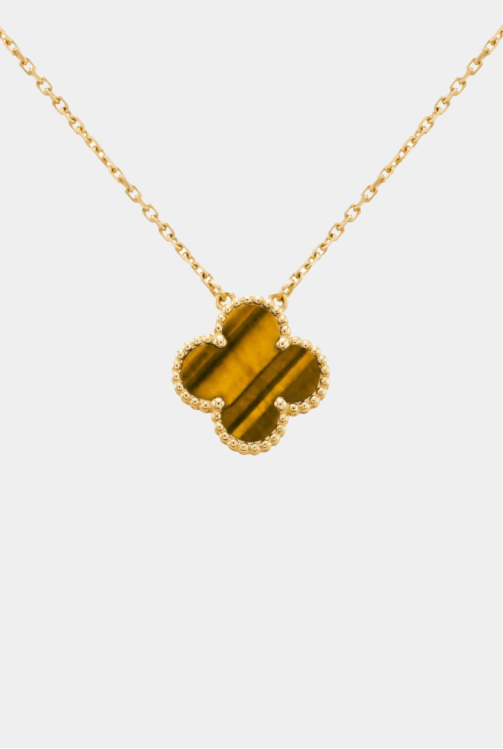 Clover Necklace Four Leaf Tiger Eye Gemstone 18k Gold Pendant Necklace