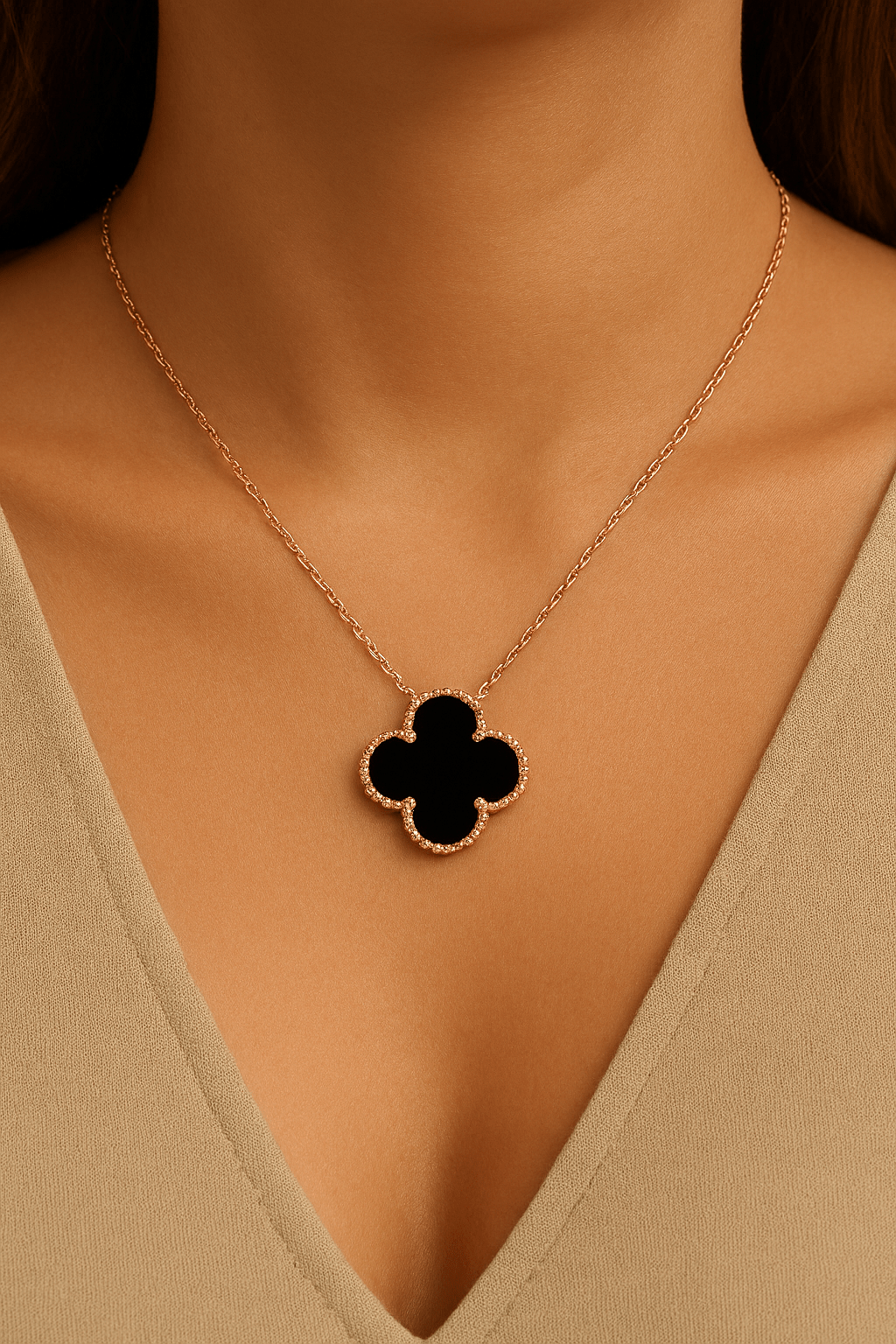Clover Necklace Lucky Clover Four Leaf Black Onyx 18k Rose Gold Pendant Necklace