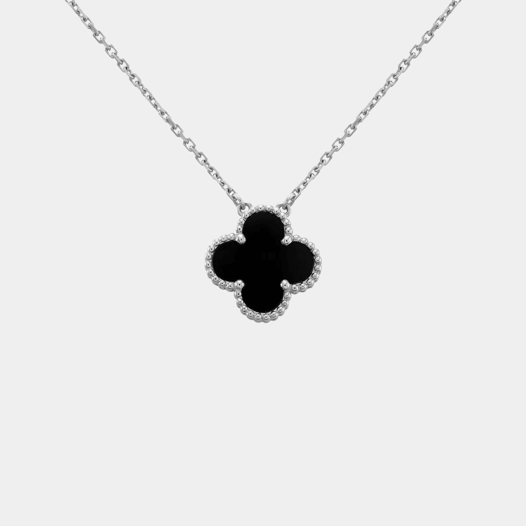 Silver Clover Necklace Four Leaf Onxy Flower Pendant