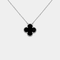 Silver Clover Necklace Four Leaf Onxy Flower Pendant