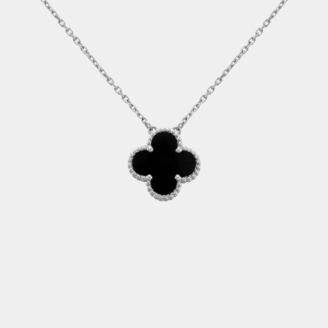 Silver Clover Necklace Four Leaf Onxy Flower Pendant