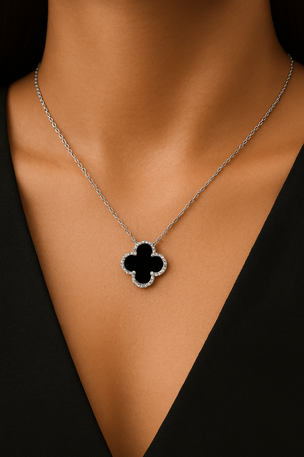 Silver Clover Necklace Four Leaf Onxy Flower Pendant