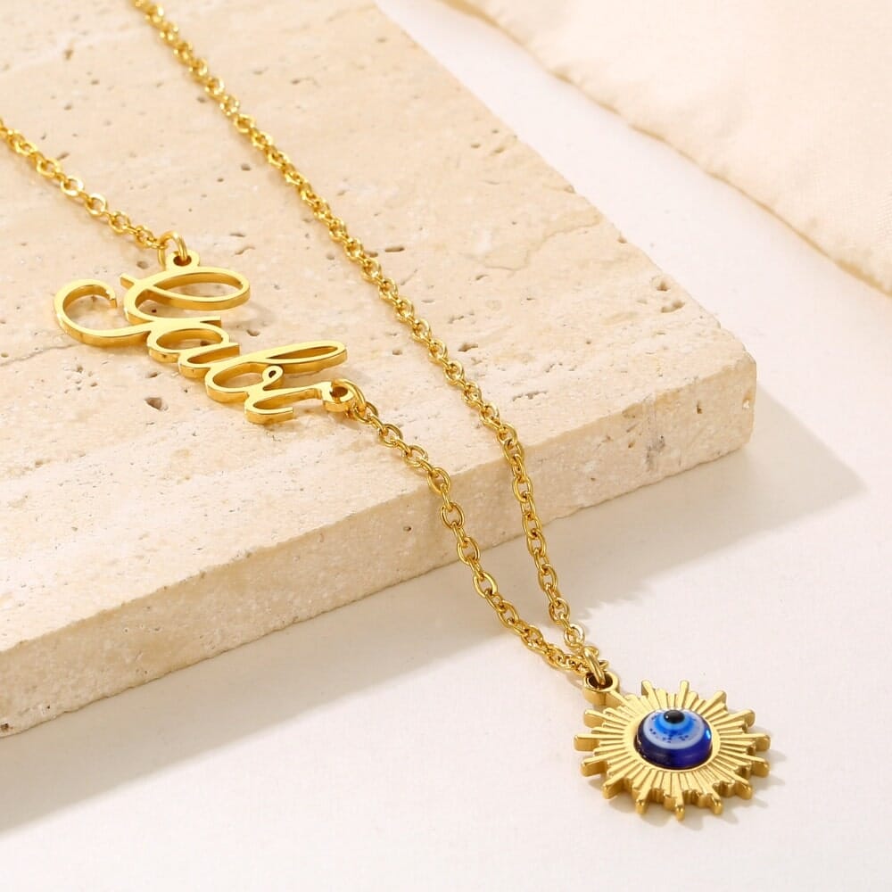 Evil Eye Sun Necklace with Engraving