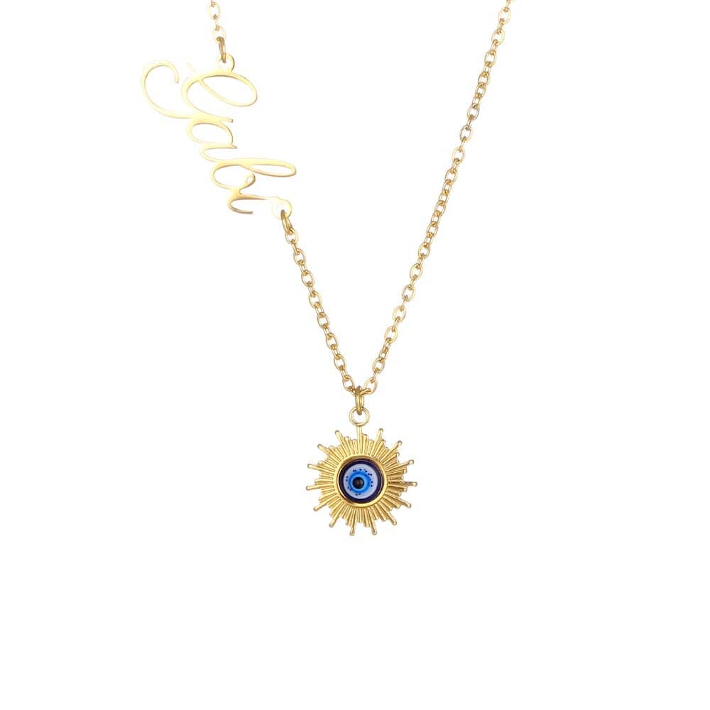 Evil Eye Sun Necklace with Engraving